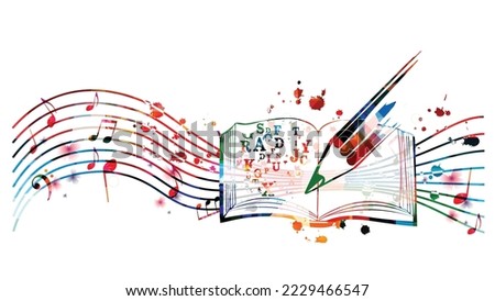 Colorful music writing notebook with musical stave and notes isolated. Vibrant musical staff notebook, guide for songwriters, musicians and composers. Lessons and tips for instrumentalists. Vector