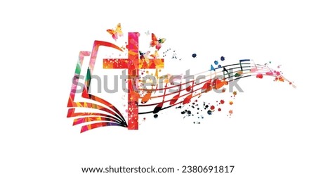 Creative music style template vector illustration, colorful cross with music staff and notes background. Religion themed design for gospel church music and concert, choir singing, Christianity, prayer