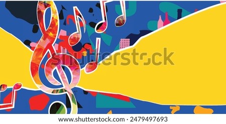 Musical background, play and download music  concept.  Musical notes on colorful backdrop. G-clef party poster