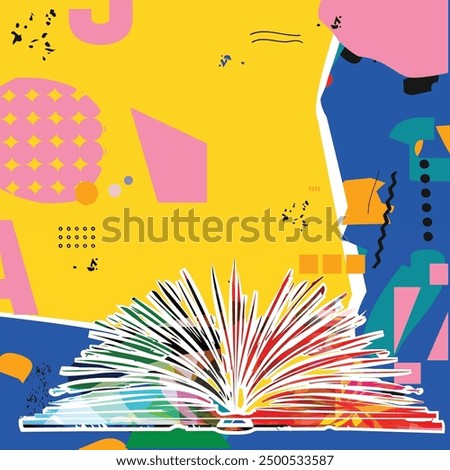 Book to read or book review concept. Open book on colorful background. Library online design