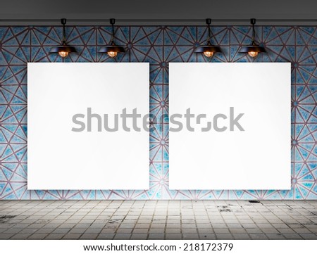 Blank frame with Ceiling lamp in tile room