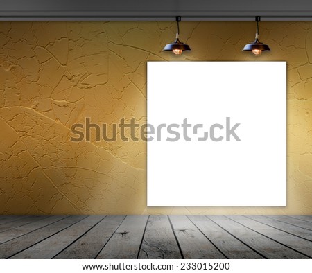 Blank frame in room with ceiling lamp for information message
