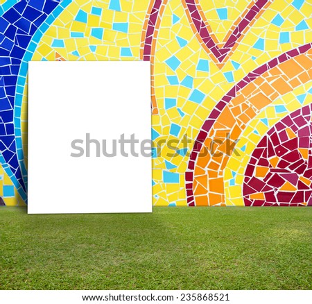 Blank Poster with Colorful mosaic tile wall and green lawn