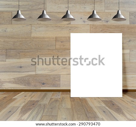 Blank frame on wood wall with Ceiling lamp for information message