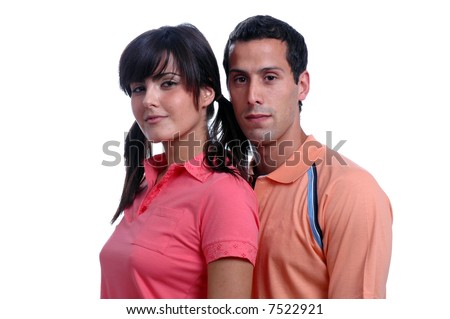 woman and man in pink shirts on white