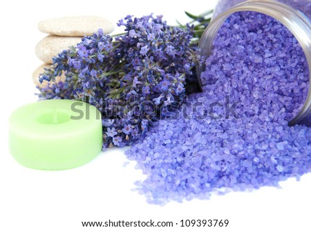 lavender bath salt and  fresh lavender on  a white background