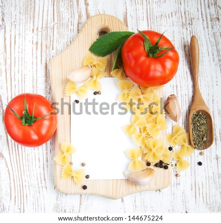 Blank Recipe card with ingredients on a wooden background