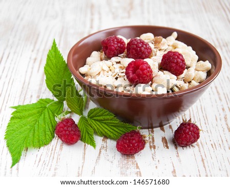 Fresh morning bowl of muesli and raspberries