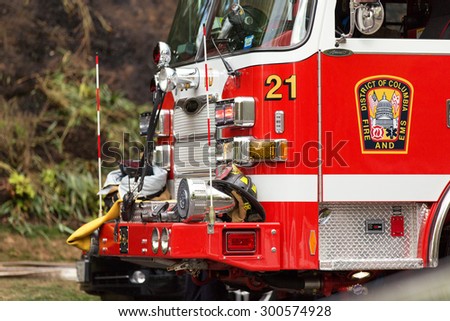 BOSTON, MA, USA - APR 19, 20015: The detail on the front of a Fire Engine at a response to a fire alarm. Boston, MA.