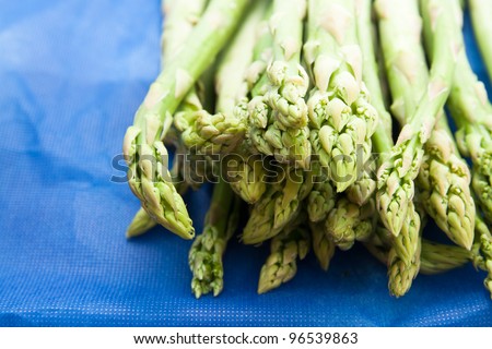 fresh green asparagus tips on blue background