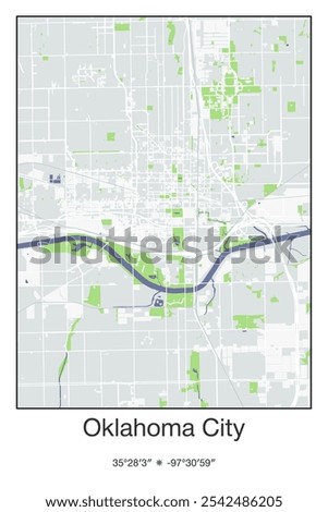 Editable vector poster map of Oklahoma City Center,Oklahoma, showcasing detailed street layouts, main roads, neighborhoods, and landmarks in Gray, Blue, Green, White colors.