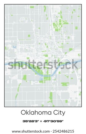 Editable vector poster map of Oklahoma City Center,Oklahoma, showcasing detailed street layouts, main roads, neighborhoods, and landmarks in Gray, white, green, blue colors.