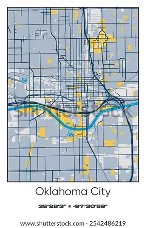 Editable vector poster map of Oklahoma City Center,Oklahoma, showcasing detailed street layouts, main roads, neighborhoods, and landmarks in Blue, Gray, Yellow, Olive colors.