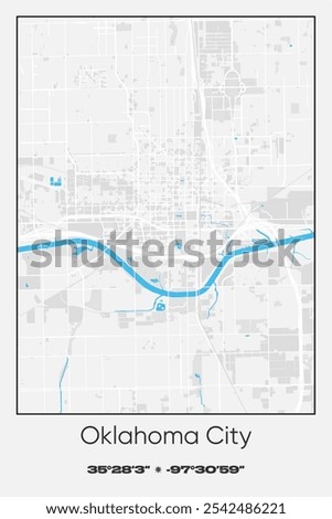 Editable vector poster map of Oklahoma City Center,Oklahoma, showcasing detailed street layouts, main roads, neighborhoods, and landmarks in Gray, white, blue colors.