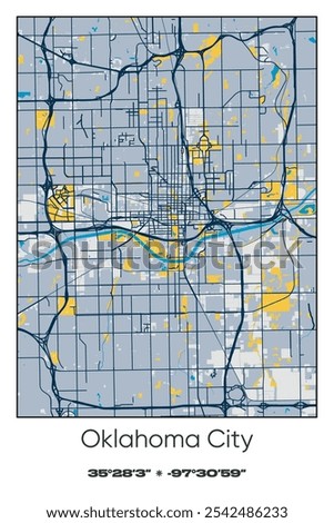 Editable vector poster map of Oklahoma City,Oklahoma, showcasing detailed street layouts, main roads, neighborhoods, and landmarks in Blue, Gray, Yellow, Olive colors.