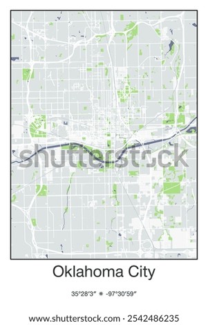 Editable vector poster map of Oklahoma City,Oklahoma, showcasing detailed street layouts, main roads, neighborhoods, and landmarks in Gray, Blue, Green, White colors.