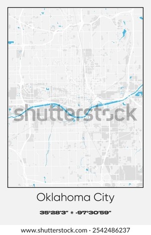 Editable vector poster map of Oklahoma City,Oklahoma, showcasing detailed street layouts, main roads, neighborhoods, and landmarks in Gray, white, blue colors.