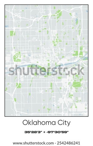 Editable vector poster map of Oklahoma City,Oklahoma, showcasing detailed street layouts, main roads, neighborhoods, and landmarks in Gray, white, green, blue colors.