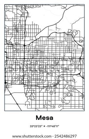 Editable vector poster map of Mesa,Arizona, showcasing detailed street layouts, main roads, neighborhoods, and landmarks in Black, white, gray colors.