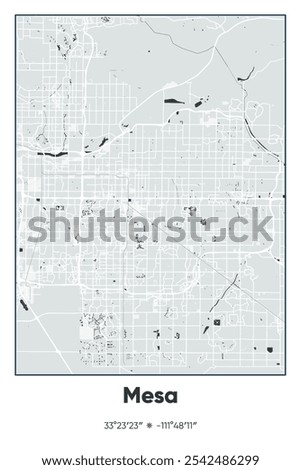 Editable vector poster map of Mesa,Arizona, showcasing detailed street layouts, main roads, neighborhoods, and landmarks in Gray, Black, White colors.