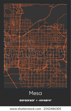 Editable vector poster map of Mesa,Arizona, showcasing detailed street layouts, main roads, neighborhoods, and landmarks in Gray, Black, Orange colors.