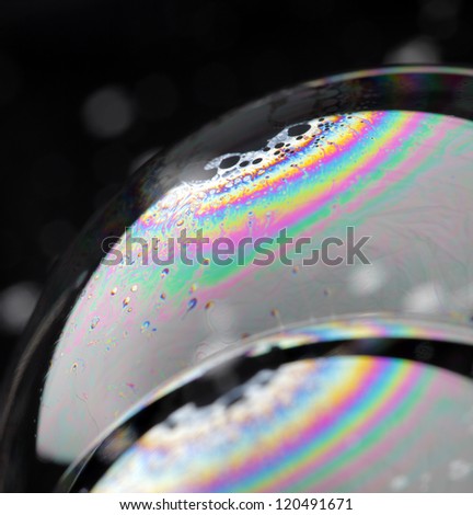 Closeup of soap bubbles. The iridescent colours of soap bubbles are caused by interfering of (internally and externally) reflected light waves and are determined by the thickness of the film.