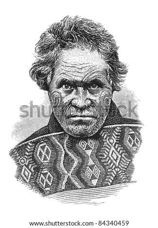 New Zealand native chief with tattooed face. Illustration source: Scribner\'s Magazine printed in 1870.