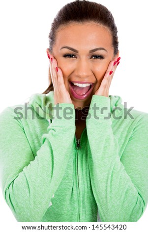 Closeup portrait of scared, surprised adorable girl with green sweater, isolated on white background