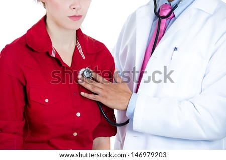 A close-up cropped image of a doctor performing physical exam, listening to patients heart, heart beats, isolated on a white background