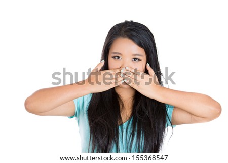 Closeup portrait of attractive woman covering his mouth. Speak no evil concept, isolated on white background