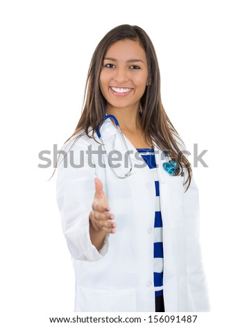 A portrait of a friendly confident smiling woman doctor giving hand for handshaking, isolated over white background. Patient visit, annual check up.