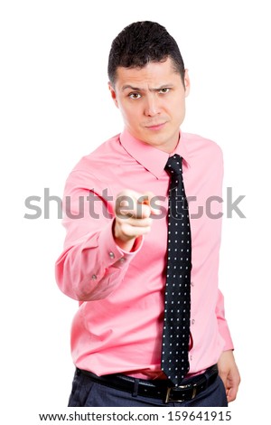 Closeup portrait of an angry, unhappy man, boss, executive, manager, businessman, corporate worker, pointing at you with finger, isolated on a white background. Negative emotion, conflict resolution