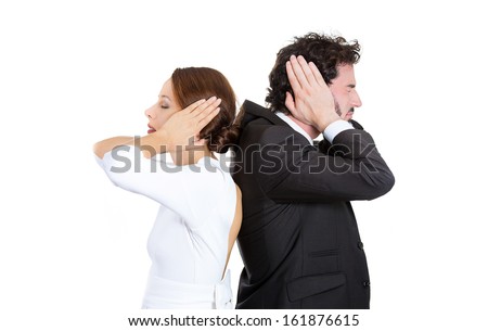 Closeup portrait of man woman couple standing with backs together covering ears, closed eyes, not listening to each other isolated on white background. Negative human emotions facial expressions