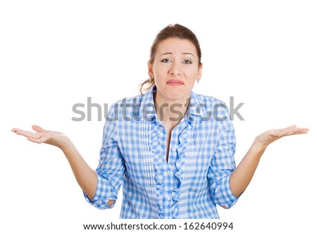 Closeup portrait of angry woman with arms out asking what\'s the problem, who cares, so what or I don\'t know. Isolated on white background with copy space. Negative human emotions facial expressions