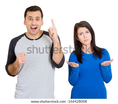 Closeup portrait of couple, excited, optimistic man having solution,  and bored, annoyed clueless woman, isolated on white background. Human emotions, expressions, feelings. Bipolar disorder concept