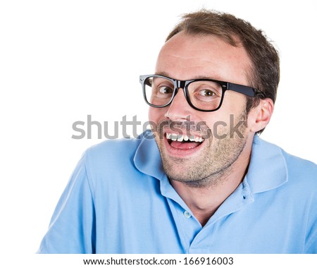 Closeup portrait of super happy excited joyful smiling laughing man with big nerdy glasses, isolated on white background. Positive emotion facial expression feelings