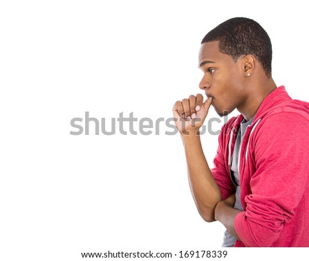 Closeup side view profile portrait of man with finger in mouth, sucking thumb, biting fingernail in stress, deep thought, isolated on white background. Negative emotion, facial expression, feelings