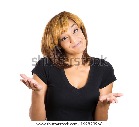 Closeup portrait of pretty smiling young woman with arms out asking what\'s the problem who cares so what or I don\'t know. Isolated on white background. Negative human emotions facial expression