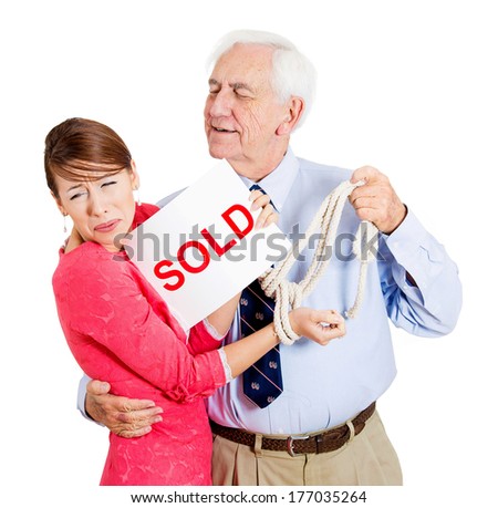 Closeup portrait of strange couple, excited old man, happy to have woman, tying hands, taking away, sad girl holding sold sign isolated on white background. Human emotions facial expression, feelings