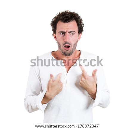 Closeup portrait of dumb clueless, confused shocked, surprised young man, asking what\'s problem, how did it happen, I don\'t know, isolated on white background. Negative human emotion facial expression