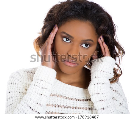 Closeup portrait of stressed sad young housewife, woman, employee, worker, student having migraine, tension headache, isolated on white background. Human face expressions, emotions, reaction, attitude
