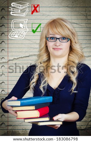 Closeup portrait young woman disgusted with all books she carrying, hoping to exchange for more efficient laptop computer, isolated notebook background. Negative emotion, facial expression, attitude