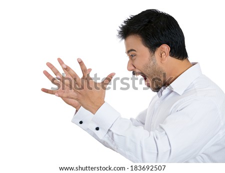 Closeup, side view profile portrait angry man with hands in air, wide open mouth yelling, isolated white background. Negative emotion, facial expression feelings. Conflict scandal problems