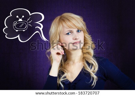 Closeup portrait carefully listening radio, conversation, nosy woman with hand to ear, looking confused puzzled by what she discovered isolated dark blue background TV bubble. Human emotion expression