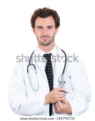 Closeup portrait happy, confident, casual healthcare professional, dentist, scientist, researcher, doctor, nurse with clipboard and pen in hand, isolated white background. Patient care