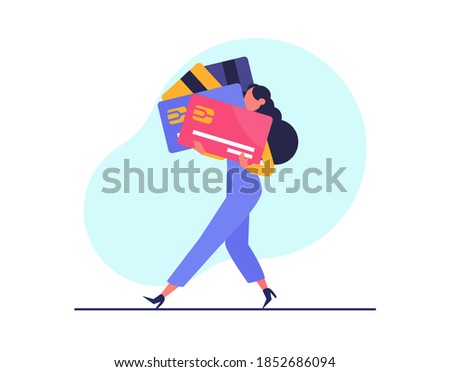 Vector of a young woman carrying multiple credit cards on white background 
