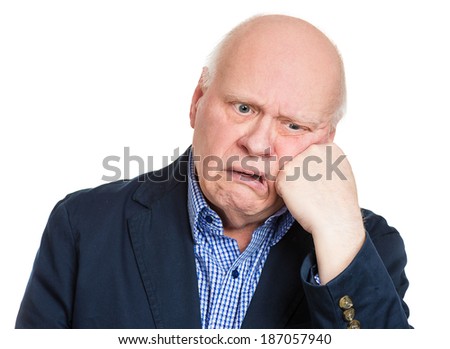 Closeup portrait senior, mature, desperate man, old sad business guy, troubled, deep thought, isolated white background. Human emotions, facial expressions, life perception, aging, depression, sorrow