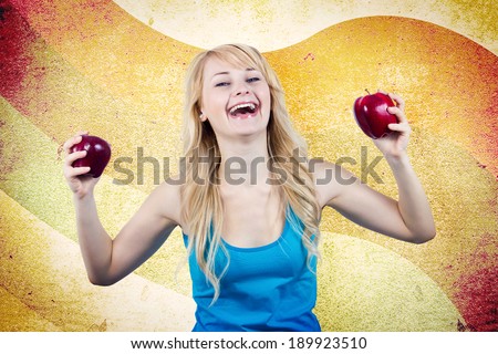 Closeup portrait, laughing, healthy young woman nutritionist, personal fitness trainer holding, offering apples, healthy alternative, isolated rainbow background. Positive emotion facial expression