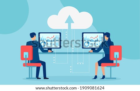 Vector of business people working on computers using cloud service 