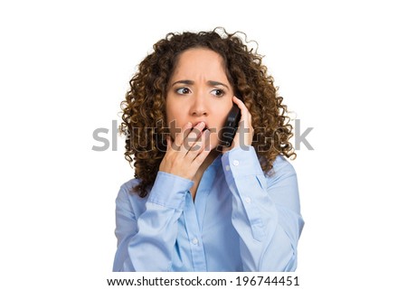 Closeup portrait upset, sad, depressed, unhappy, worried brunette woman talking on phone, isolated white background. Negative human emotions, facial expressions, feelings, life reaction to bad news